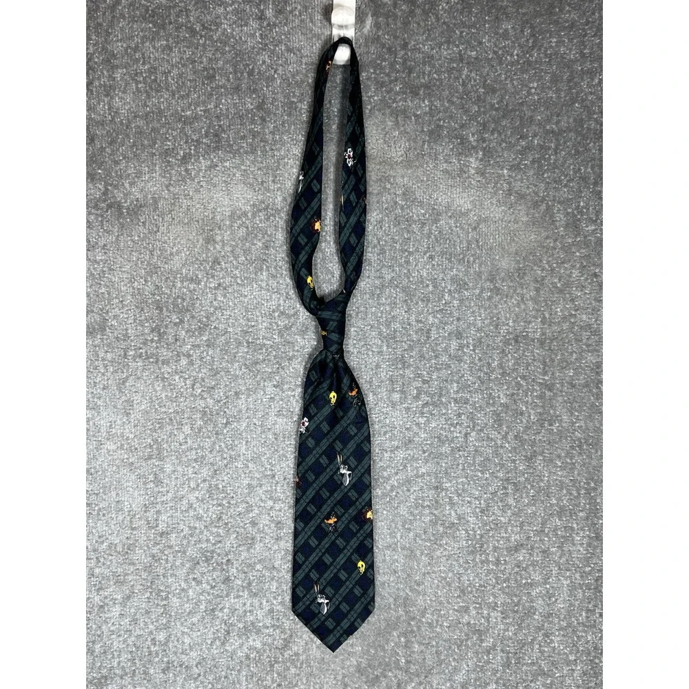 Vintage Looney Tunes Mania Neck Tie Green Blue Black Plaid Polyester Bugs Tweety